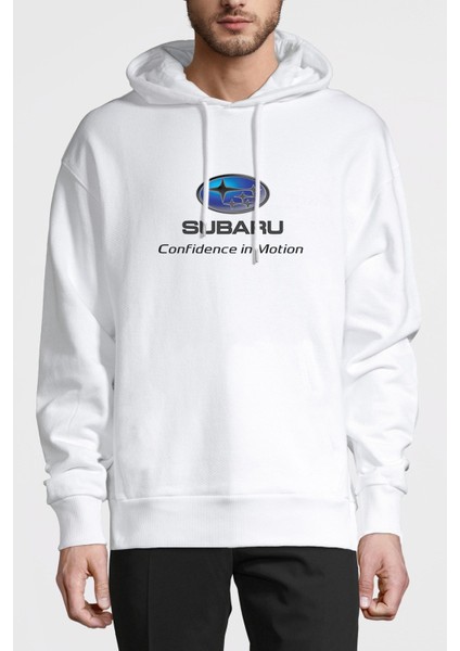 Araba Subaru Logo Baskılı Beyaz Erkek Örme Kapşonlu Sweatshirt Uzun Kol