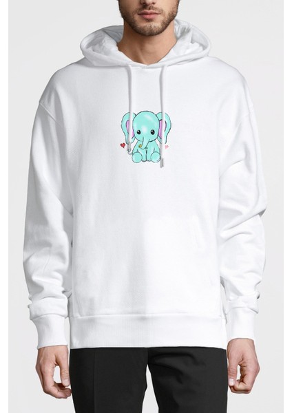 Kawaii Baby Elephants Baskılı Beyaz Erkek Örme Kapşonlu Sweatshirt Uzun Kol