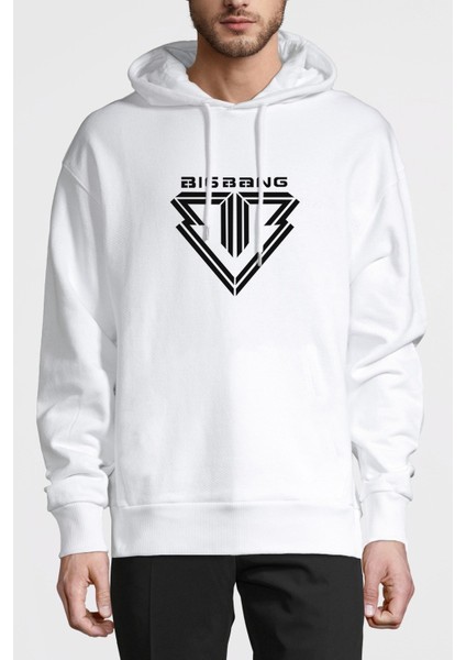 Big Bang Logo Baskılı Beyaz Erkek Örme Kapşonlu Sweatshirt Uzun Kol