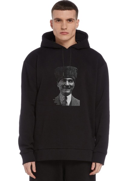 Atatürk Gençliğe Hitabe Baskılı Siyah Erkek Örme Kapşonlu Sweatshirt Uzun Kol