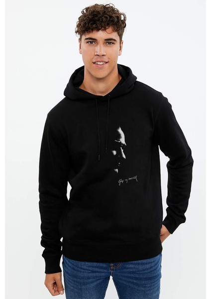 Atatürk Gazi Mustafa Kemal Baskılı Siyah Erkek Örme Kapşonlu Sweatshirt Uzun Kol