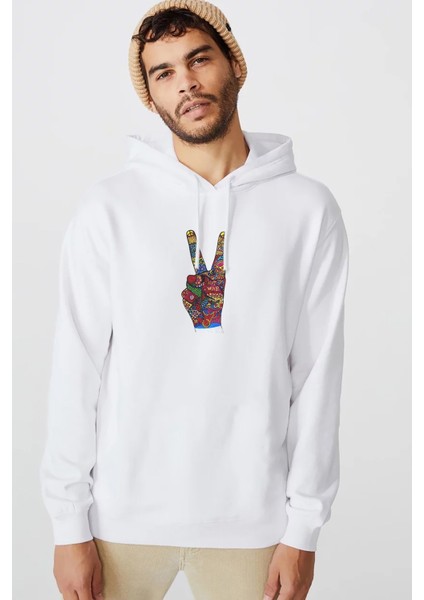Savaş Değil Barış Işareti Seviyorum 1960'LARDA Baskılı Beyaz Erkek Örme Kapşonlu Sweatshirt Uzun Kol