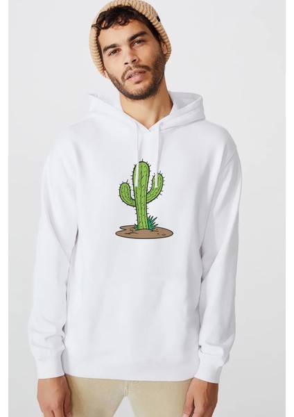 Kaktüs Cactus Baskılı Beyaz Erkek Örme Kapşonlu Sweatshirt Uzun Kol
