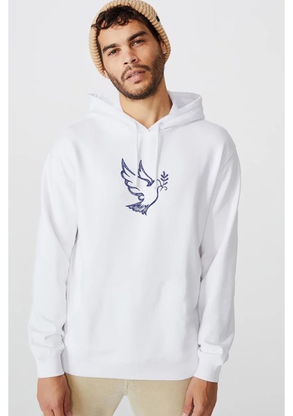 Semboller Olarak Güvercinler Kutsal Ruh Espiritu Baskılı Beyaz Erkek Örme Kapşonlu Sweatshirt Uzun K