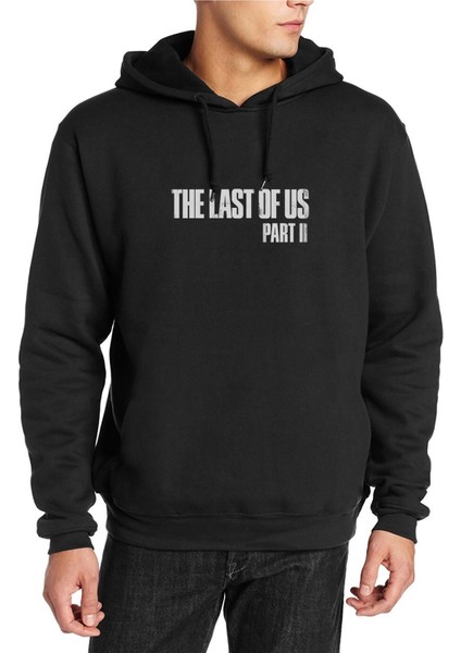The Last Of Us Part 2 Logo Baskılı Siyah Erkek Örme Kapşonlu Sweatshirt Uzun Kol