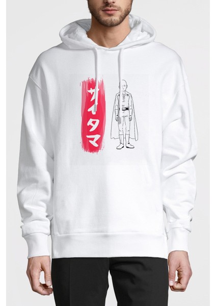 One Punch Man Baskılı Beyaz Erkek Örme Kapşonlu Sweatshirt Uzun Kol