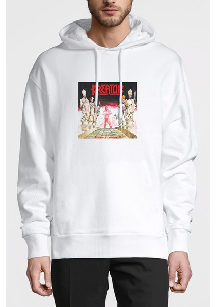 Kreator Terrible Certainty Baskılı Beyaz Erkek Örme Kapşonlu Sweatshirt Uzun Kol