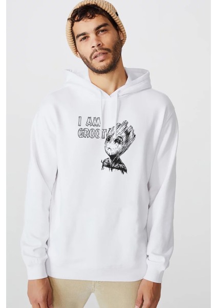 I Am Groot Wood Text Baskılı Beyaz Erkek Örme Kapşonlu Sweatshirt Uzun Kol