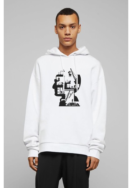 Silhouette Human Brain Engineering Baskılı Beyaz Erkek Örme Kapşonlu Sweatshirt Uzun Kol