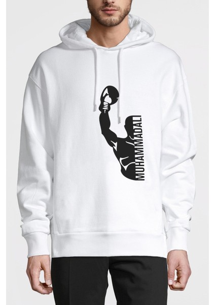 Muhammed Ali Yumruk Baskılı Beyaz Erkek Örme Kapşonlu Sweatshirt Uzun Kol