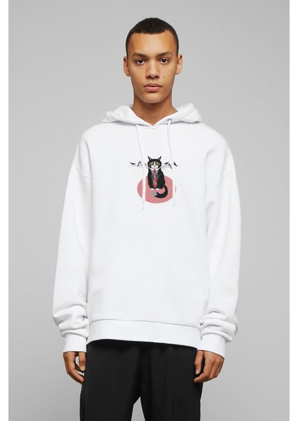 Kuşlar ile Kravat Huysuz Kedi Grumpy Baskılı Beyaz Erkek Örme Kapşonlu Sweatshirt Uzun Kol