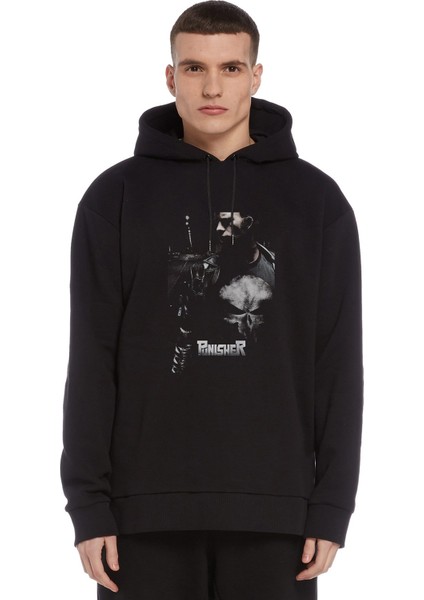 The Punisher Baskılı Siyah Erkek Örme Kapşonlu Sweatshirt Uzun Kol
