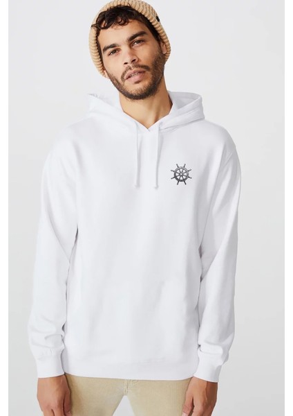 Gemi Dümeni Göğüs Baskılı Beyaz Erkek Örme Kapşonlu Sweatshirt Uzun Kol