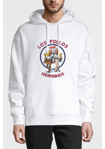 Breaking Bad Los Pollos Hermanos Baskılı Beyaz Erkek Örme Kapşonlu Sweatshirt Uzun Kol