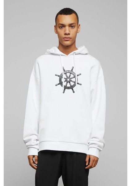 Gemi Dümeni Baskılı Beyaz Erkek Örme Kapşonlu Sweatshirt Uzun Kol