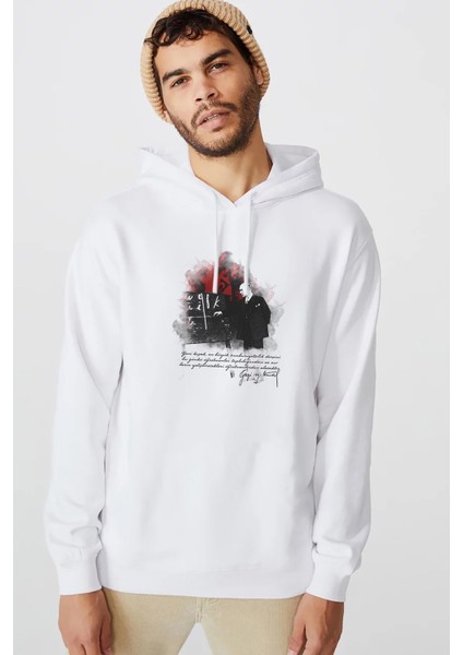 Öğretmenler Günü Ataturk Baskılı Beyaz Erkek Örme Kapşonlu Sweatshirt Uzun Kol