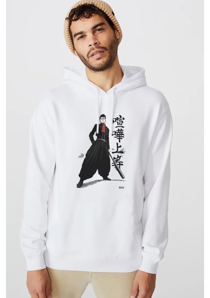 Anime One Punch Man Baskılı Beyaz Erkek Örme Kapşonlu Sweatshirt Uzun Kol
