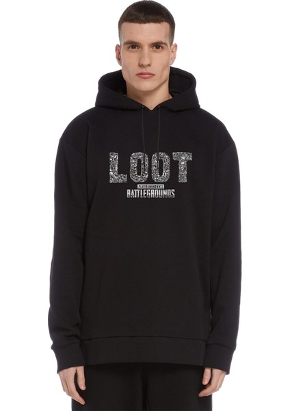 Pubg Loot Siyah Baskılı Siyah Erkek Örme Kapşonlu Sweatshirt Uzun Kol
