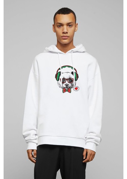 Panda Baskılı Beyaz Erkek Örme Kapşonlu Sweatshirt Uzun Kol