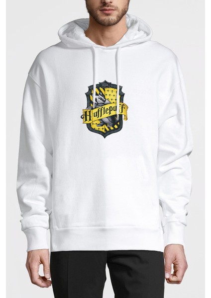 Hufflepuff Baskılı Beyaz Erkek Örme Kapşonlu Sweatshirt Uzun Kol