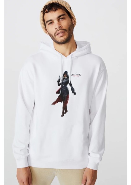 Assassins Creed Unity Elise Baskılı Beyaz Erkek Örme Kapşonlu Sweatshirt Uzun Kol