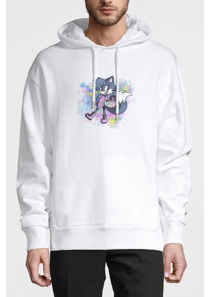 Cat Illustration Computer Lovely Prawn Baskılı Beyaz Erkek Örme Kapşonlu Sweatshirt Uzun Kol