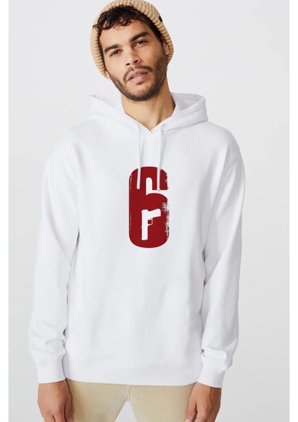 Rainbow Six 6 Baskılı Beyaz Erkek Örme Kapşonlu Sweatshirt Uzun Kol