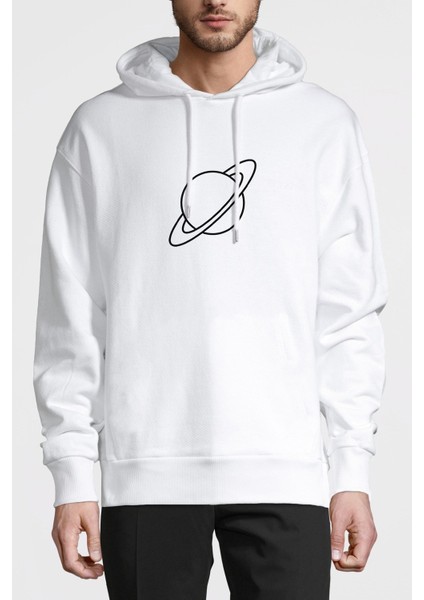Satürn Logo Baskılı Beyaz Erkek Örme Kapşonlu Sweatshirt Uzun Kol
