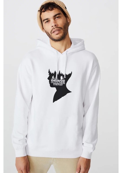 Stranger Things Baskılı Beyaz Erkek Örme Kapşonlu Sweatshirt Uzun Kol