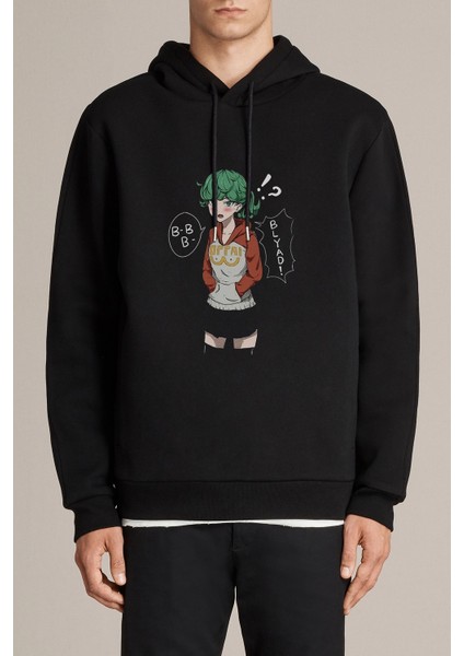 Anime One Punch Man Baskılı Siyah Erkek Örme Kapşonlu Sweatshirt Uzun Kol