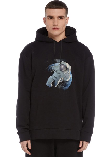 Astronot Dünyadan Uzaya Yolculuk Baskılı Siyah Erkek Örme Kapşonlu Sweatshirt Uzun Kol