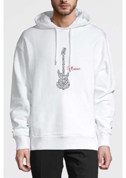 Notalar Gitar Music Müzik Baskılı Beyaz Erkek Örme Kapşonlu Sweatshirt Uzun Kol