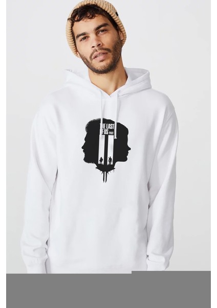 The Last Of Us Part2 2 Baskılı Beyaz Erkek Örme Kapşonlu Sweatshirt Uzun Kol