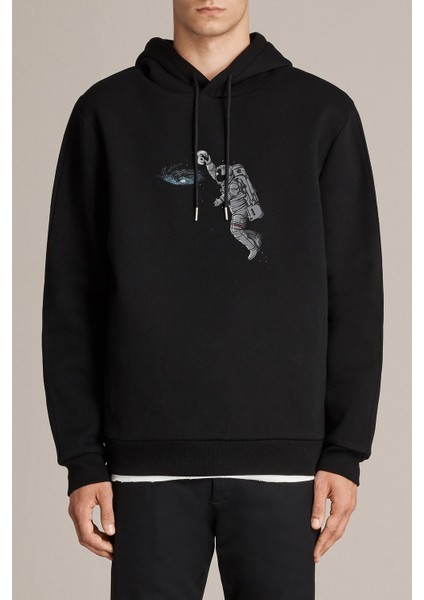 Astronot Smaç Baskılı Siyah Erkek Örme Kapşonlu Sweatshirt Uzun Kol