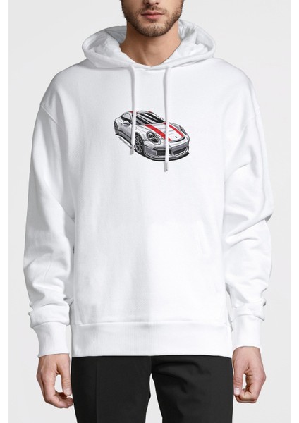 Porsche 911 R Baskılı Beyaz Erkek Örme Kapşonlu Sweatshirt Uzun Kol