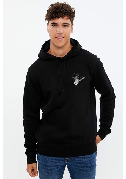 Gitar Notalar Göğüs Baskılı Siyah Erkek Örme Kapşonlu Sweatshirt Uzun Kol