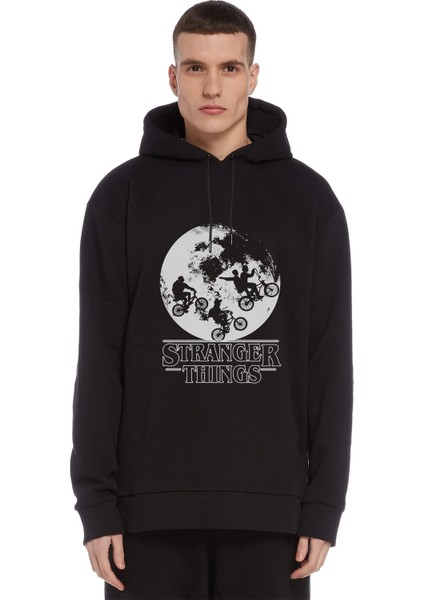 Stranger Things Bikes World Baskılı Siyah Erkek Örme Kapşonlu Sweatshirt Uzun Kol