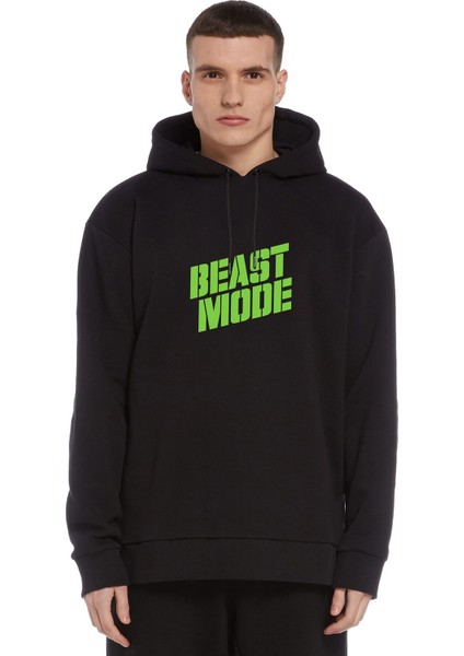 Beast Mode Baskılı Siyah Erkek Örme Kapşonlu Sweatshirt Uzun Kol