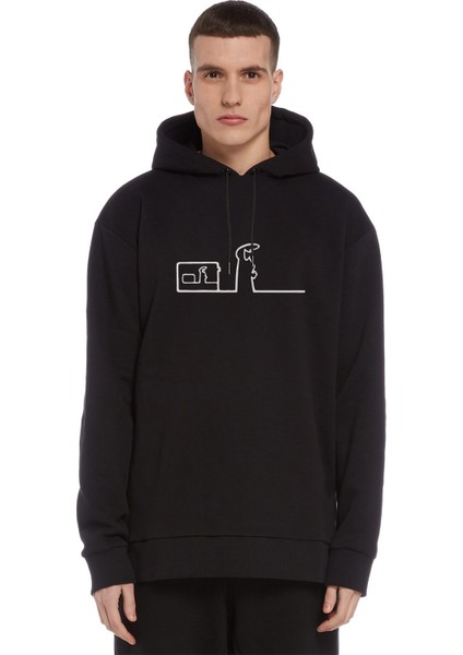 Meraklı Pen Home Baskılı Siyah Erkek Örme Kapşonlu Sweatshirt Uzun Kol