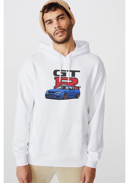 Nissan Gt R Baskılı Beyaz Erkek Örme Kapşonlu Sweatshirt Uzun Kol