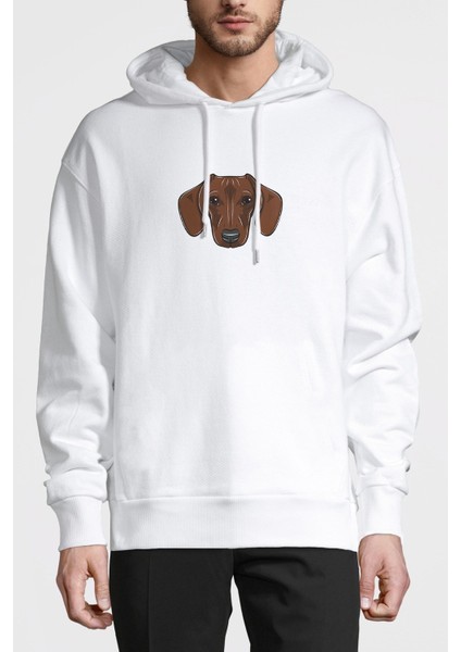 Dog Head Köpek Baskılı Beyaz Erkek Örme Kapşonlu Sweatshirt Uzun Kol