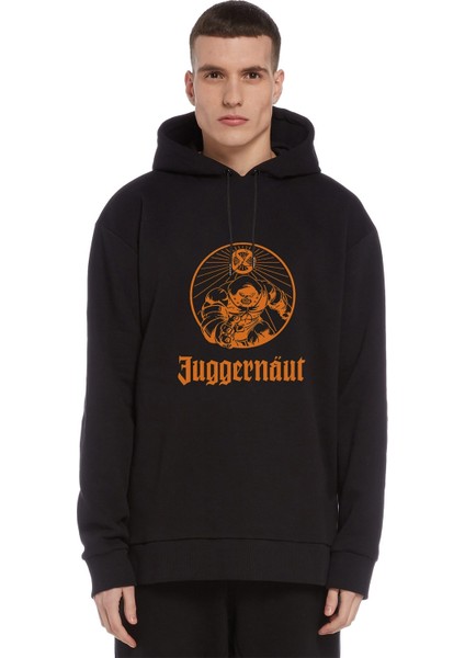 Juggernaut Baskılı Siyah Erkek Örme Kapşonlu Sweatshirt Uzun Kol