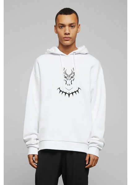 Black Panther 2 Baskılı Beyaz Erkek Örme Kapşonlu Sweatshirt Uzun Kol