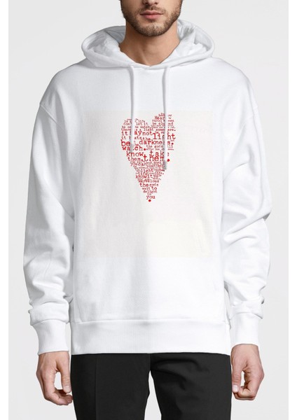 Charles Bukowski Heart Your Life Is Baskılı Beyaz Erkek Örme Kapşonlu Sweatshirt Uzun Kol