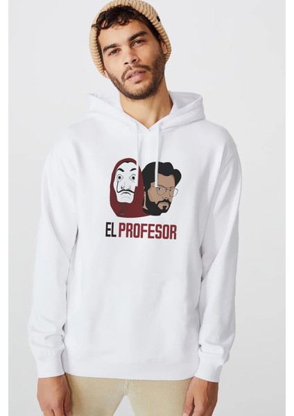 La Case De Papel El Profesor Baskılı Beyaz Erkek Örme Kapşonlu Sweatshirt Uzun Kol