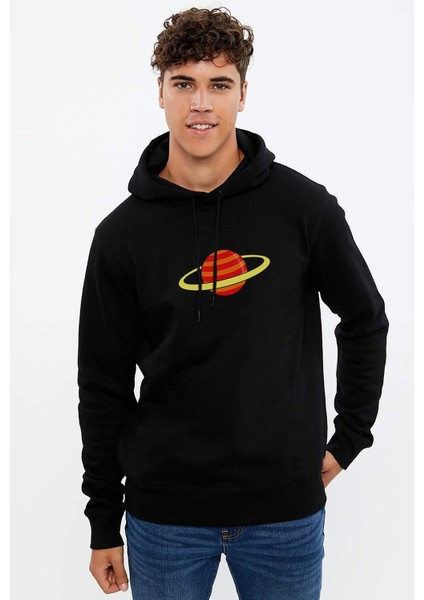 Saturn Baskılı Siyah Erkek Örme Kapşonlu Sweatshirt Uzun Kol