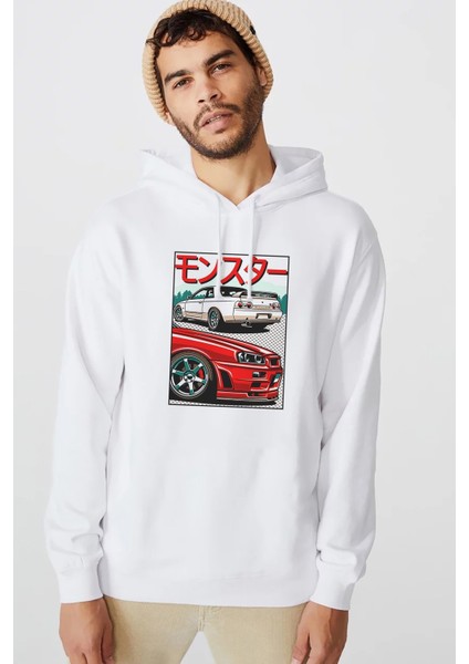 Nissan Skyline Gtr R32 & R34 Baskılı Beyaz Erkek Örme Kapşonlu Sweatshirt Uzun Kol