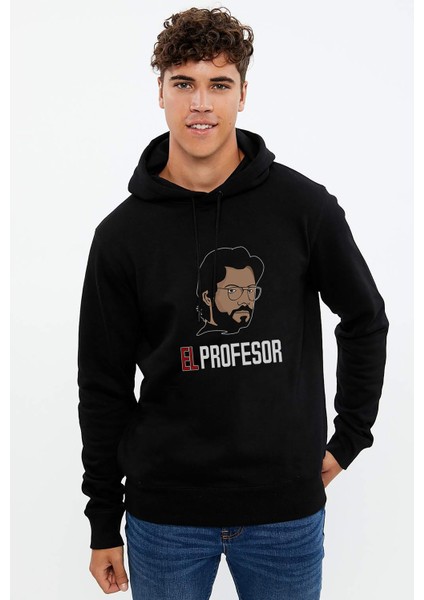 La Casa De El Profesor Baskılı Siyah Erkek Örme Kapşonlu Sweatshirt Uzun Kol