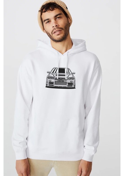 Nissan Skyline R34 Gtr Baskılı Beyaz Erkek Örme Kapşonlu Sweatshirt Uzun Kol