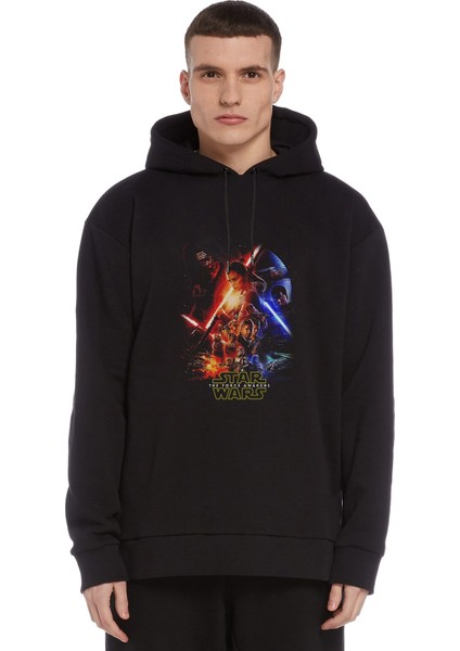 Star Wars Afiş Baskılı Siyah Erkek Örme Kapşonlu Sweatshirt Uzun Kol